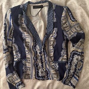 Zara Woman Blue Patterned Blazer 100% Silk size M